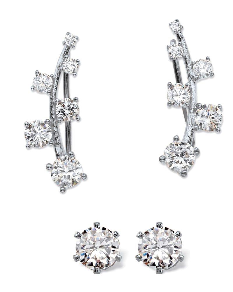 Front of a size One Size 2.22 Cttw. Cubic Zirconia .925 Silver Ear Climber and Stud 2-Pair Earring Set in White by PalmBeach Jewelry. | dia_product_style_image_id:286353